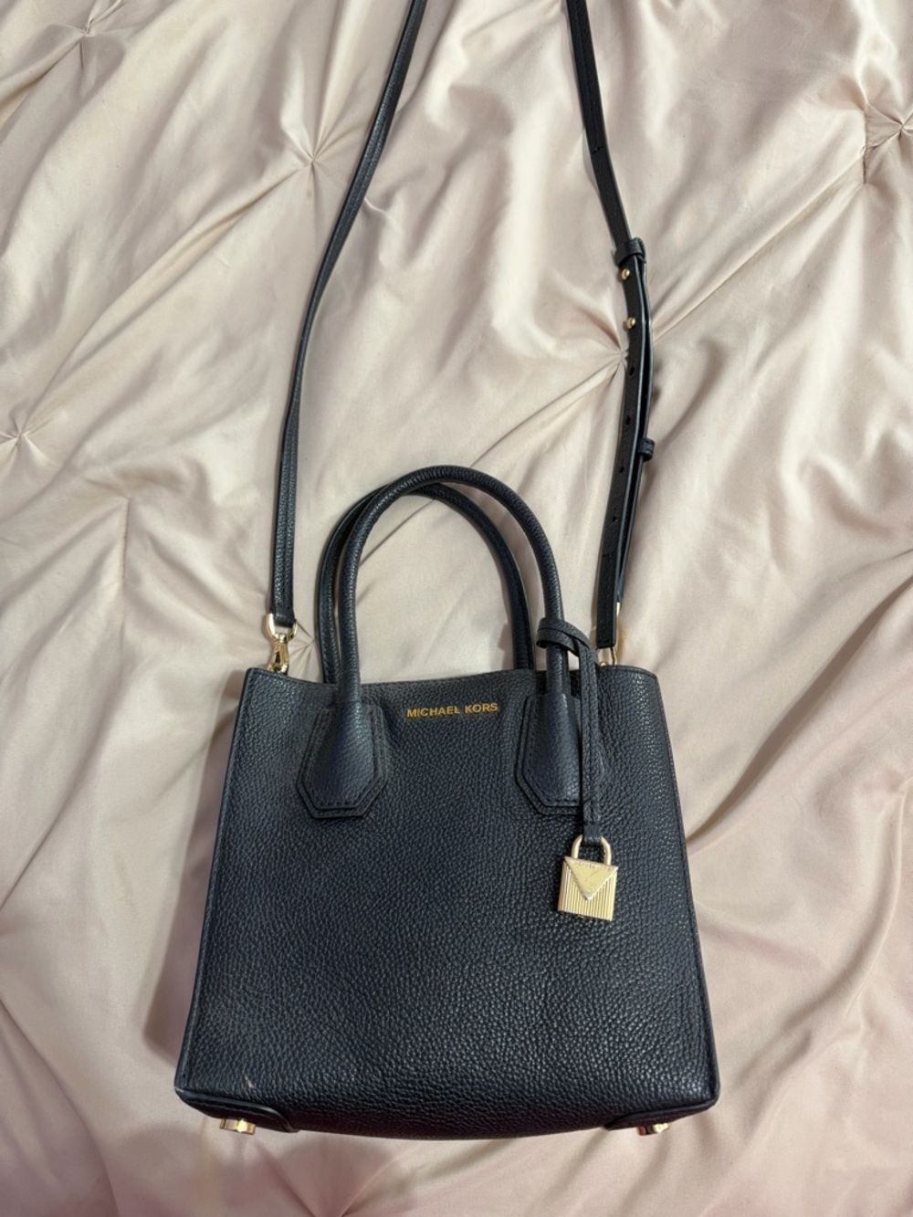 Michael Kors Black Pebbled Leather Satchel with Gold Padlock